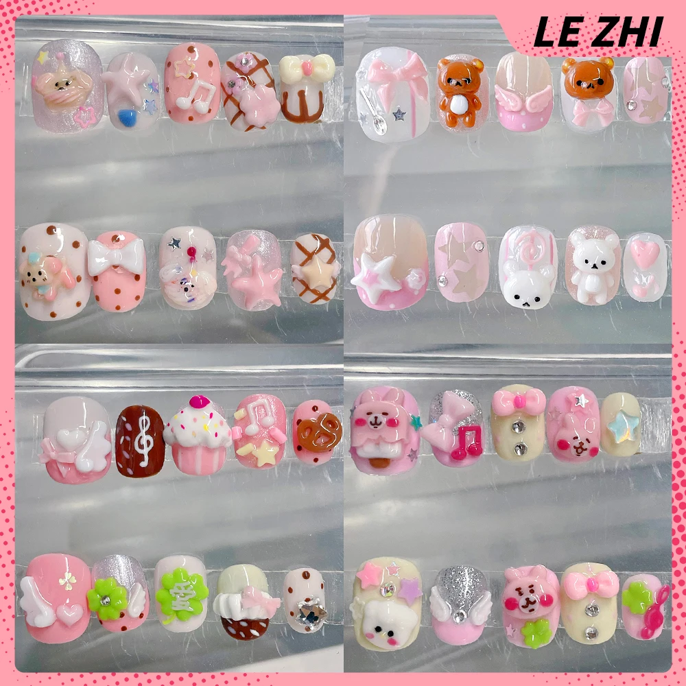 

Kawaii Rilakkuma Rabbit Dog Handmade Pink Short Square Round Press On Nail Bowknot Stars Four-Leaf Clover Diamond Fake Nail Gift