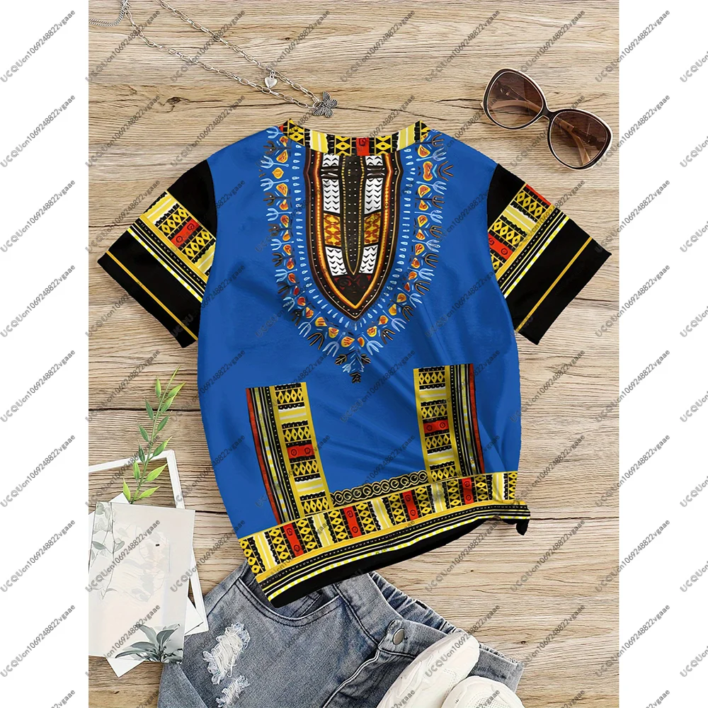 Retro esotico blu stile africano estate moda ragazze abbigliamento bambini attivi carino maglietta casual sport all'aria aperta maglietta regalo africano