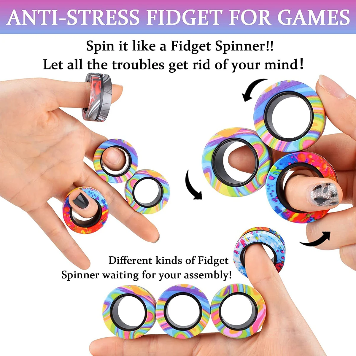 3 pçs anéis magnéticos conjunto de brinquedos fidget adulto ímãs spinner anéis fidget pacote ótimo presente para adultos adolescentes crianças