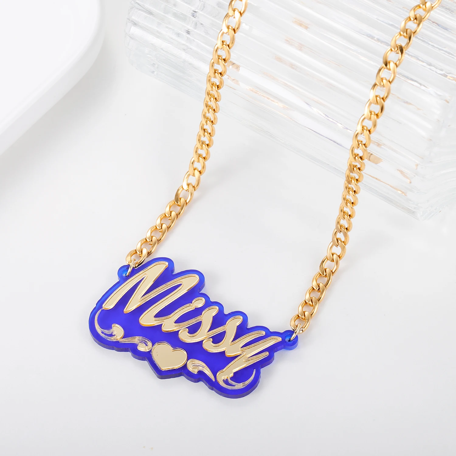 Custom Double Layer Heart Name Necklace Blue Tone Personalized Nameplate Pendant Unique Women's Jewelry Birthday Gift for Kids