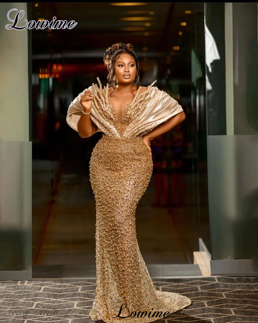 Plus Size Gold Pearls Cocktail Dresses For Black Women African Beaded Prom Dresses Mermaid Vestidos De Cóctel Celebrity Dresses