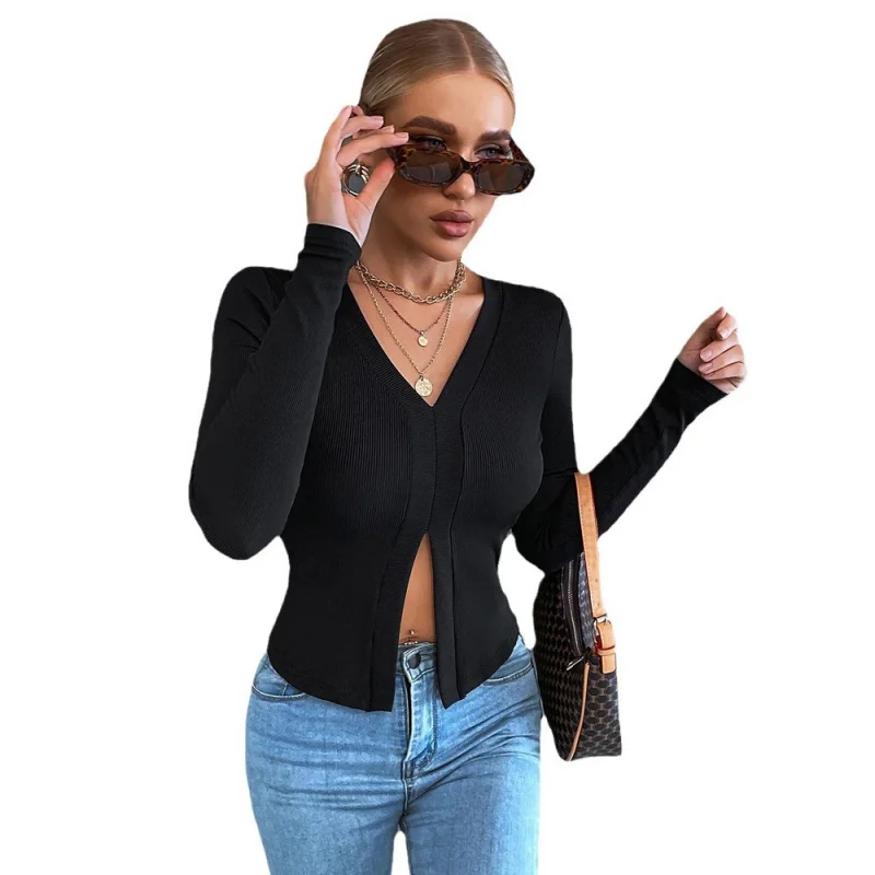 T-shirt da donna Ele Long Sve Crew Ne V-Ne Split ombelico Baring Commute Faion Top slim fit transfrontaliero