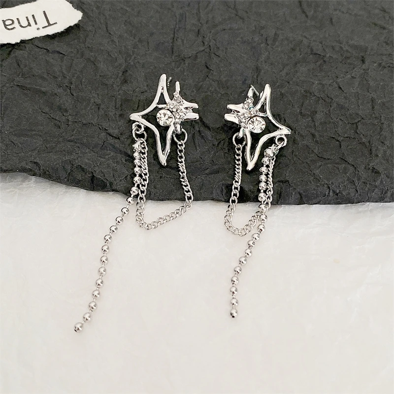 Silver Color Star Tassel Earrings for Women Hollow Links Korean Fashion Cool Stuff Bohemian Hanging Earrings Female Ear Jewelry