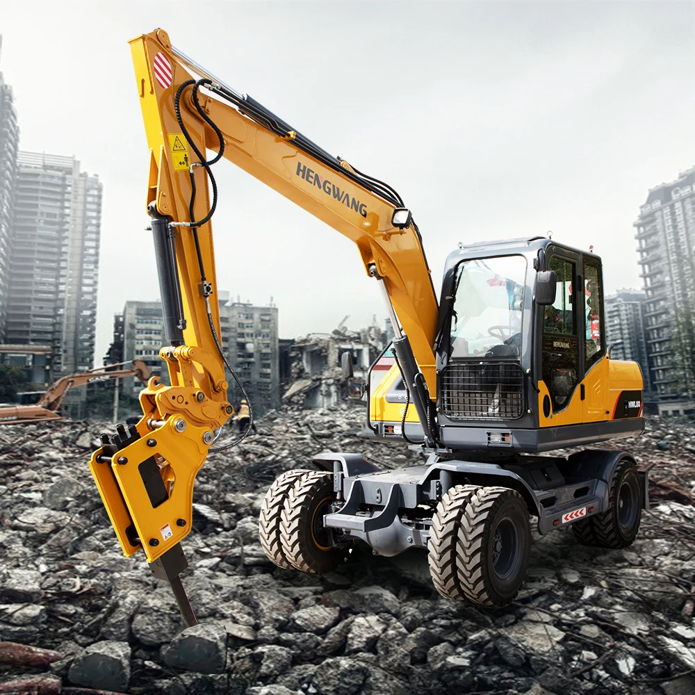 China Top Brand hengwang digger excavator 7 ton 8 ton 10 ton wheel excavator with hydraulic hammer