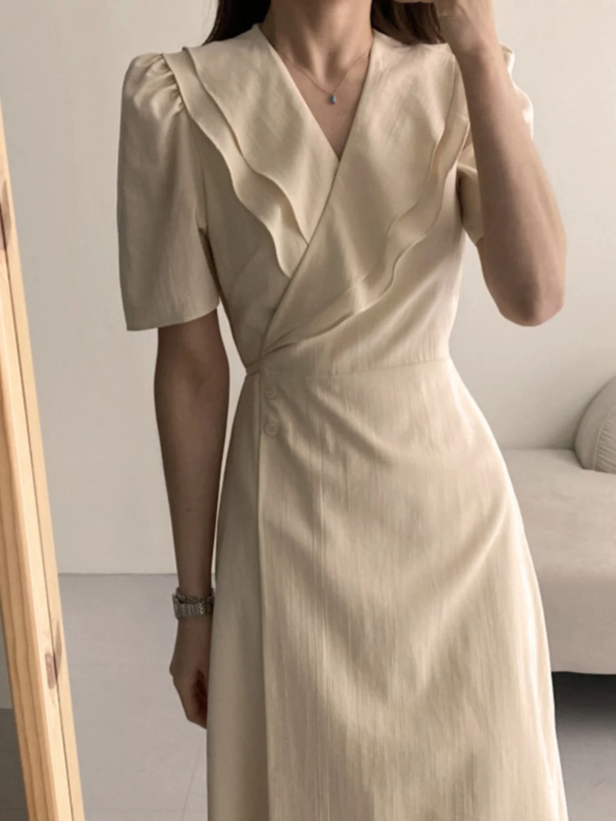 Chic Summer New Sle Women's Dr Elely Slimming V-Ne Turn-down Collar High Waist Midi Skirt Korean Version Bubble Sl...