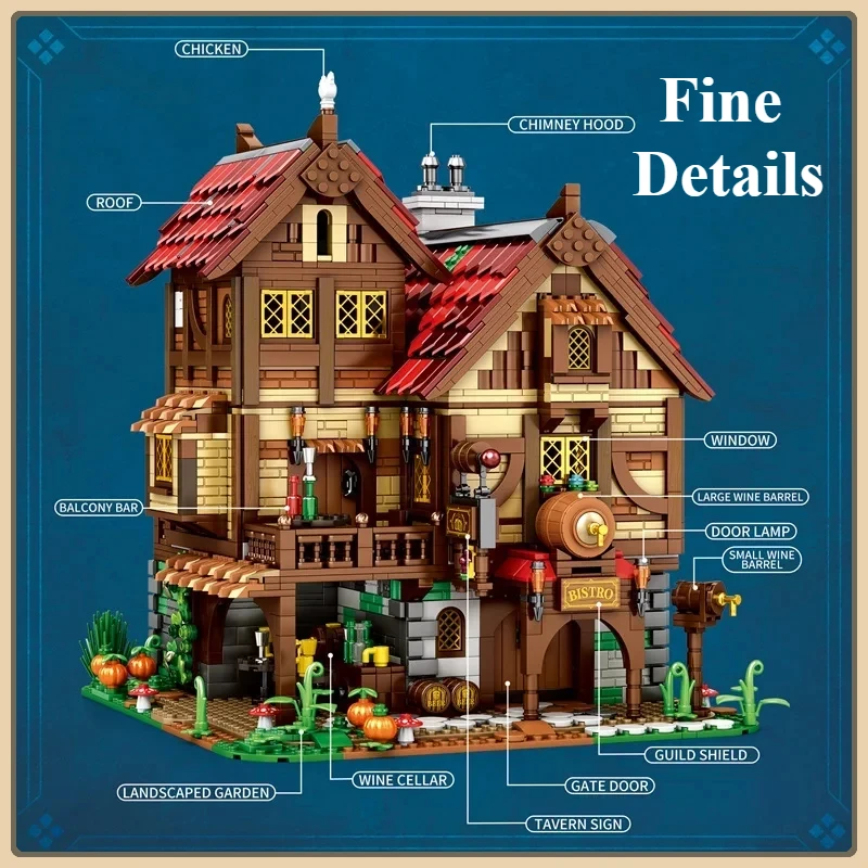 Modello di bistrot medievale con vista stradale europea Taverna Set di blocchi di costruzione Architettura Ornamento da scrivania Regalo di Natale per bambini