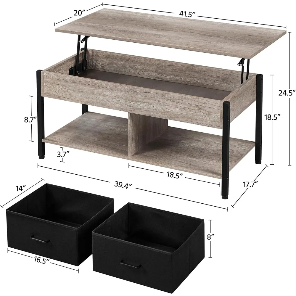 Lift-top Coffee Table with 2 Fabric Baskets & Hidden Storage Compartment, Raisable Top Coffee Table Industrial Center Table wit