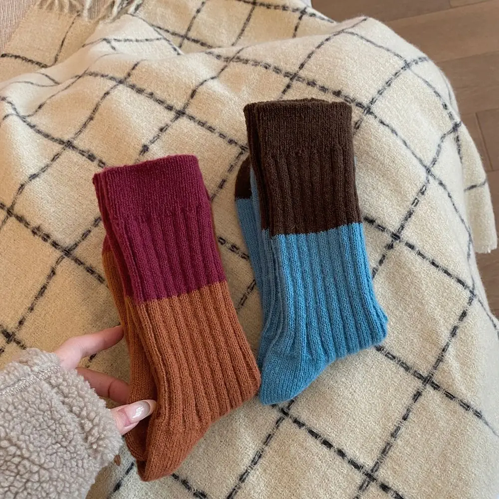 

Retro Mid-Calf Wool Socks Colour Blocking Thickened Winter Warm Socks Korean Style Outdoor Wear Short Socks Autumn Winter