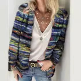 سترة نسائية سترات متماسكة مخططة معطف لصق كم كامل عادية مفتوحة غرزة لاعبا أنيقة مكتب سيدة عادية 2025