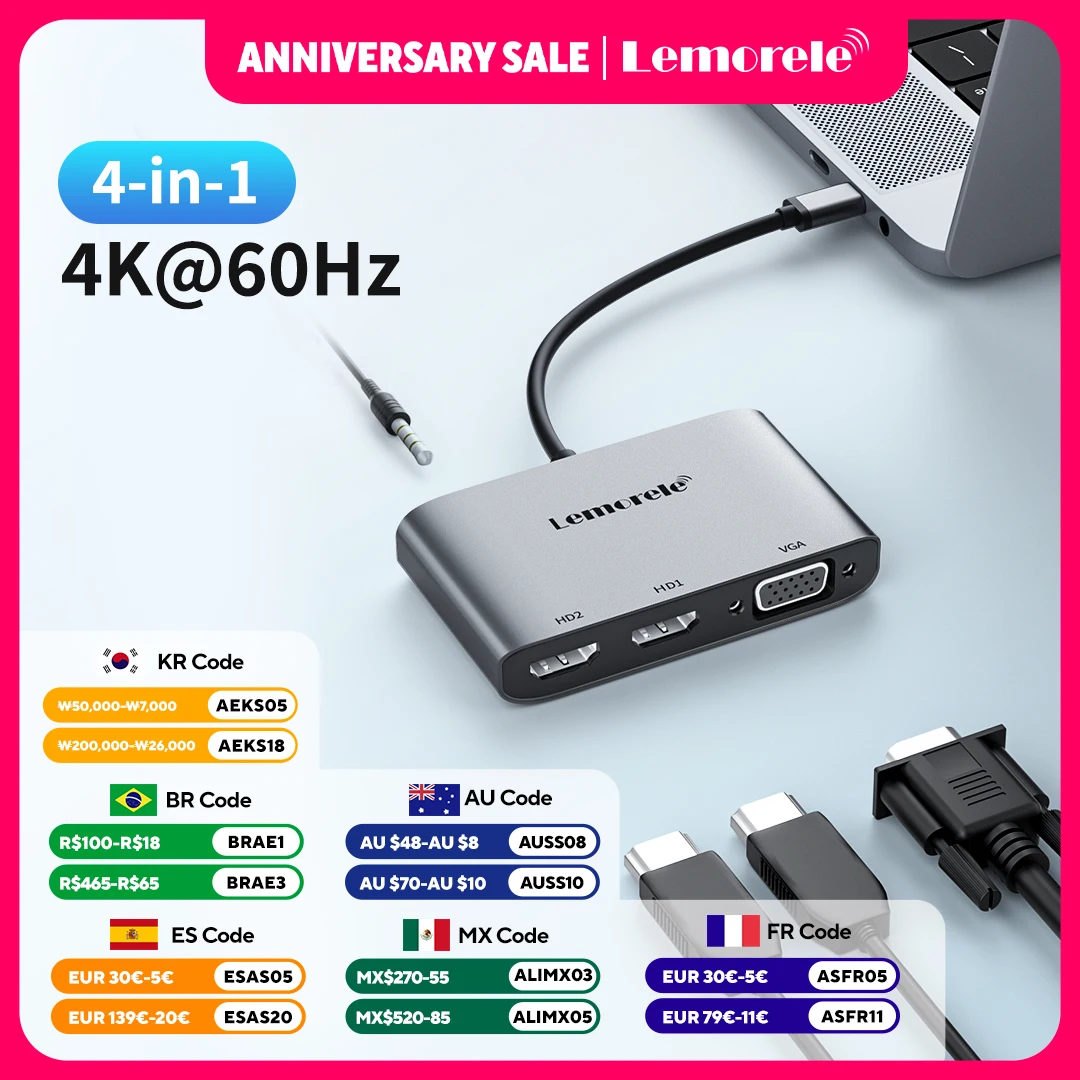 

Lemorele 2 IN 1 USB C Hub to Dual HDMI 4K 60HZ Dual Screen Expansion Type C VGA Docking Station For Macbook Laptop Tablet PC