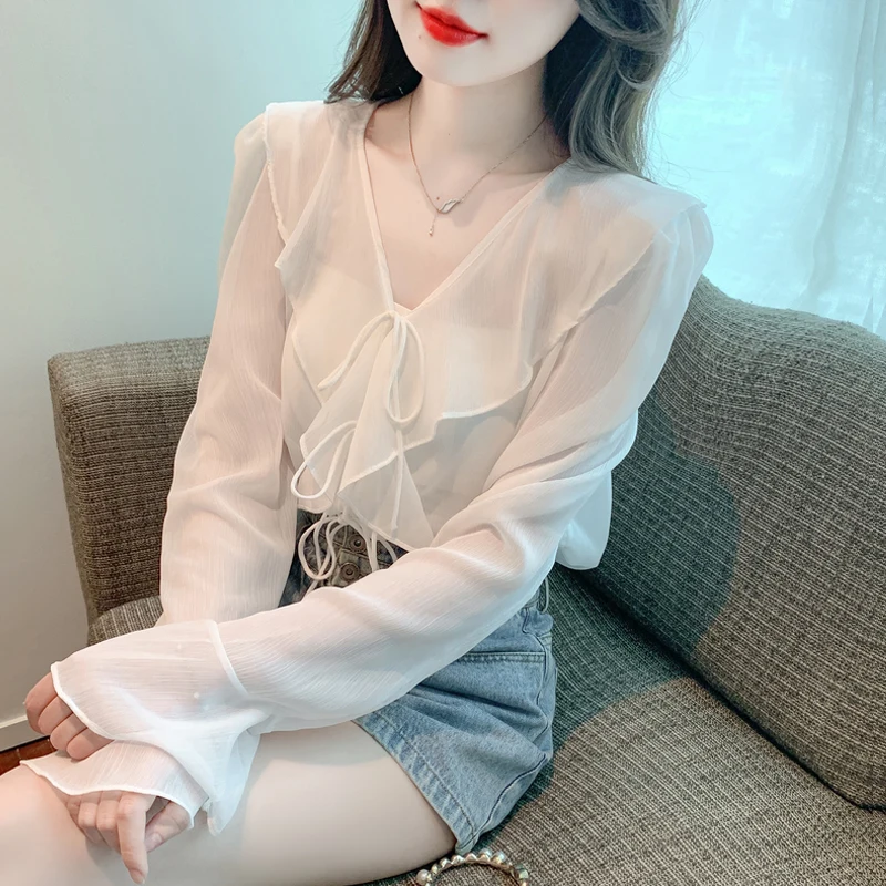 Fashion Long Sleeve Lace-up White Shirts Women Casual Mesh Sheer Blouse Ladies Elegant Sex Club Top Female Blusas Xm45