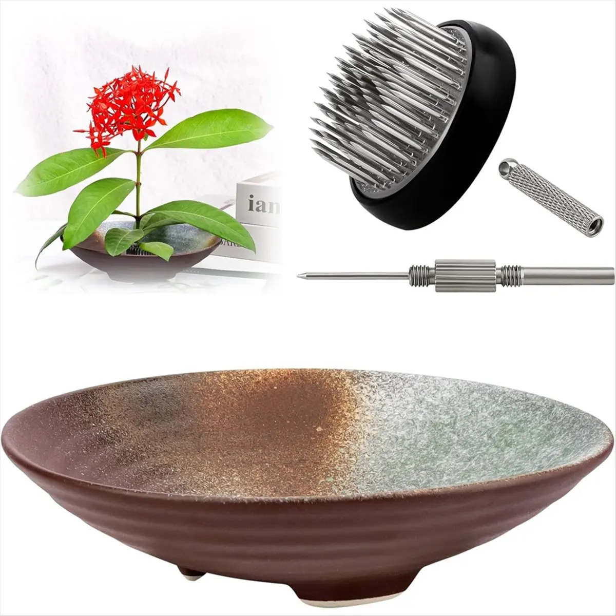 ABZT Japanese Vase Kit 1.57In Flower Frog Ceramic Bowls for Flower Arrangement Supplies with Base Flower Fixed Tool B