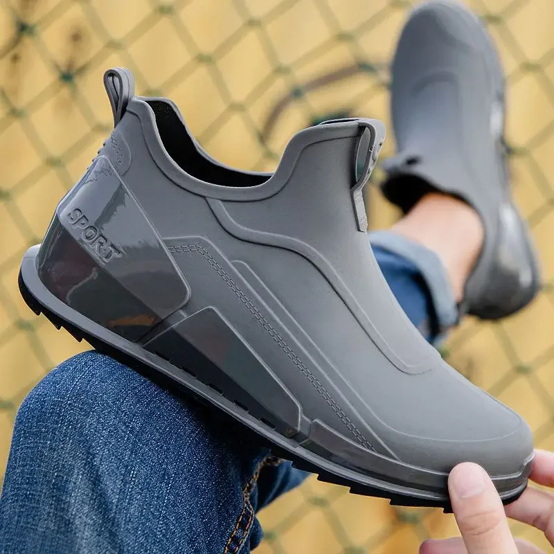 

Сплошной цвет, кухонная мужская обувь с низким алфавитом для приготовления пищи, серые пластиковые водонепроницаемые мужские непромокаемые сапоги из ПВХ на низком каблуке