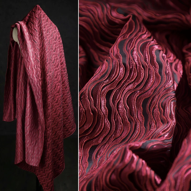 Red Water Wave Texture Three-dimensional Jacquard Fabric Chinese Style Relief Jacket Handmade DIY Clothing Designer Fabric