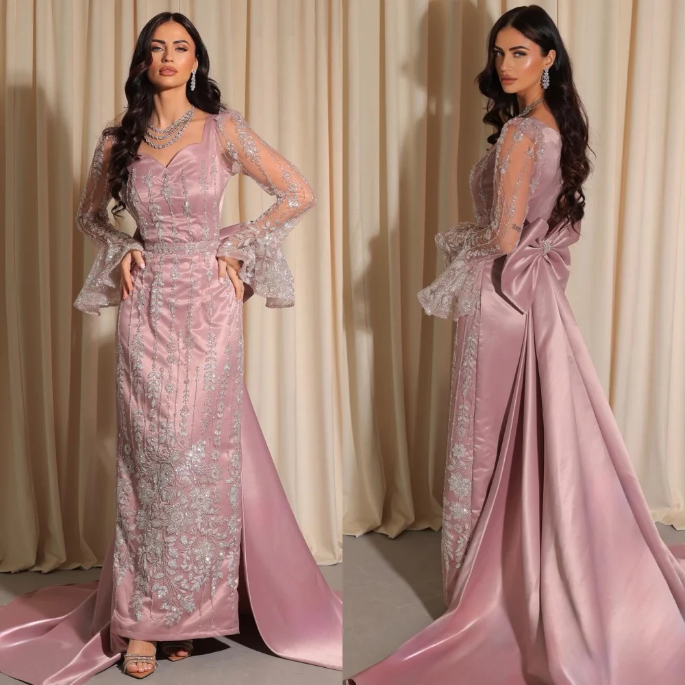 

Customized High Quality Sparkle Charmeuse Rhinestone Beading Bow Column Square Neck Long Dresses Bespoke Occasion Dresses Sexy