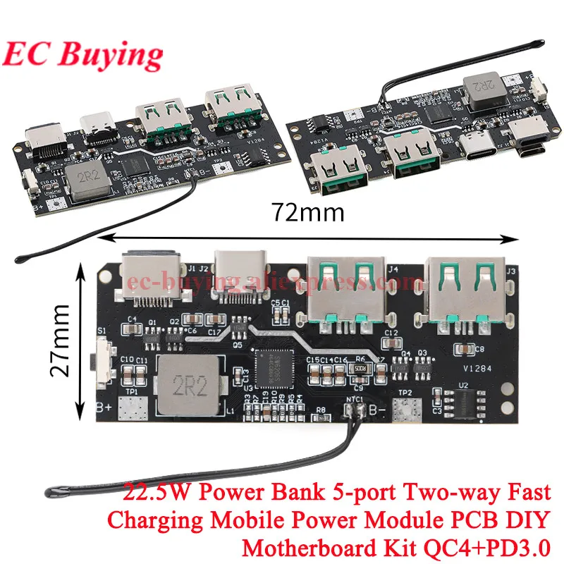 10Pcs/1pc 22.5W Power Bank 5-Port Bidirectional Fast Charging Module Circuit Board DIY Motherboard Kit QC4+PD3.0 Quick Charger