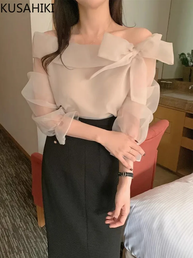 KUSAHIKI Korean Chic Spring New Off Shoulder Bow Tie Fashion Flare Sleeves Mesh Shirt Top for Women 2024 New Shirts Camisas