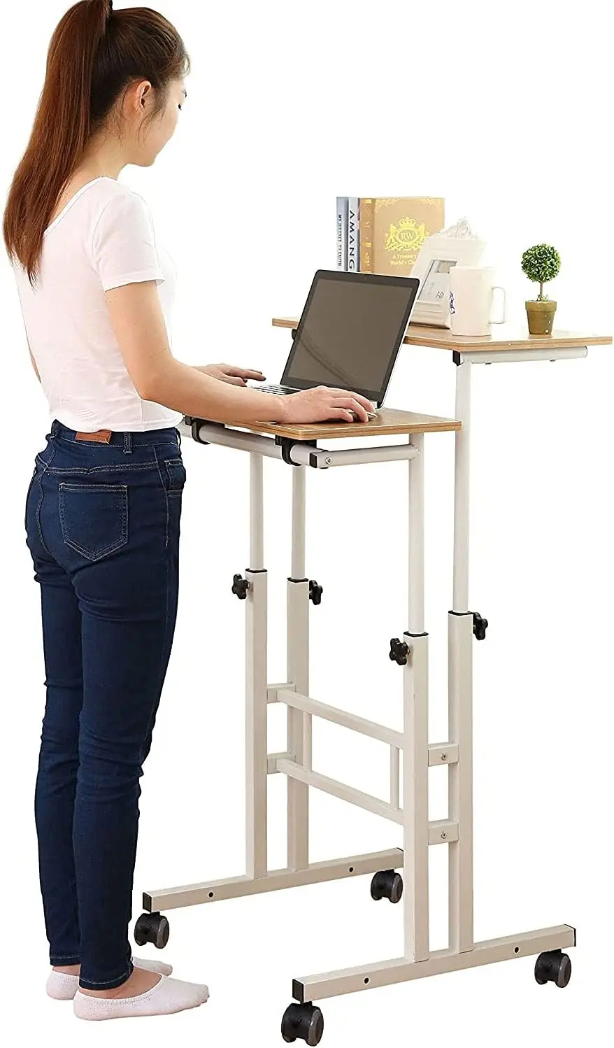 

2 Inches Carpet Wheels Mobile Standing Desk Stand Up Desk Height Adjustable Home Office Desk with Standing and Seating 2