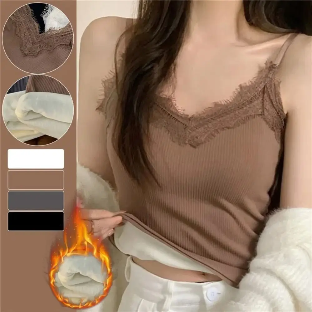 New Women Warm Tank Top Casual Sexy Lace Thermal Sleeveless Top Solid Color Winter Thin Velvet T-shirt