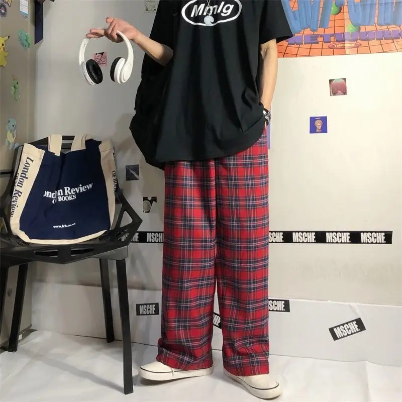 Women Gothic Korean Fashion Oversized Wide Leg Sweatpants Harajuku Red Plaid Classic Pants Streetwear Checked Trousers 2023 Pop