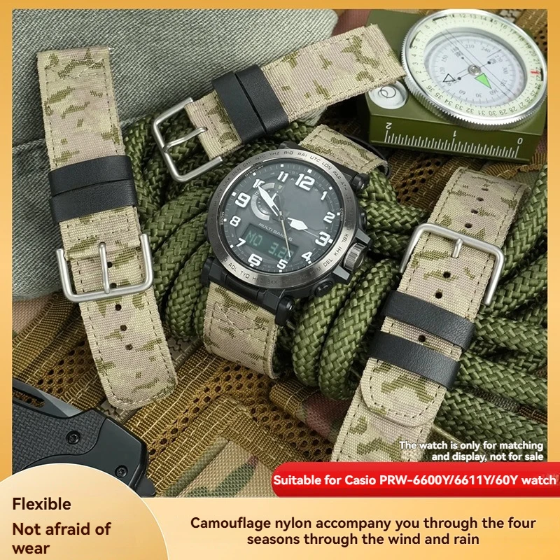 

Mountaineering Camouflage Nylon For Casio Watch PRG-600/650Y/PRW-6600/70YB/30Y Series Men's Watch Strap 23 24