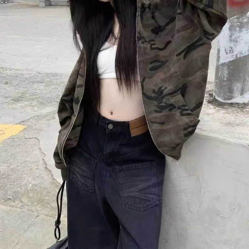 Vintage Camouflage Hooded Sweatshirt Jacket Women's Fall and Winter Loose Long-sleeved Zip Top view 2