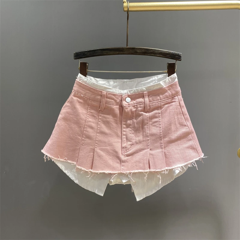 Spring and Summer New Fake Two-Piece Patchwork Pink Short Denim Skirt Women Slimming A-line Mini Pleated Skirt High Street