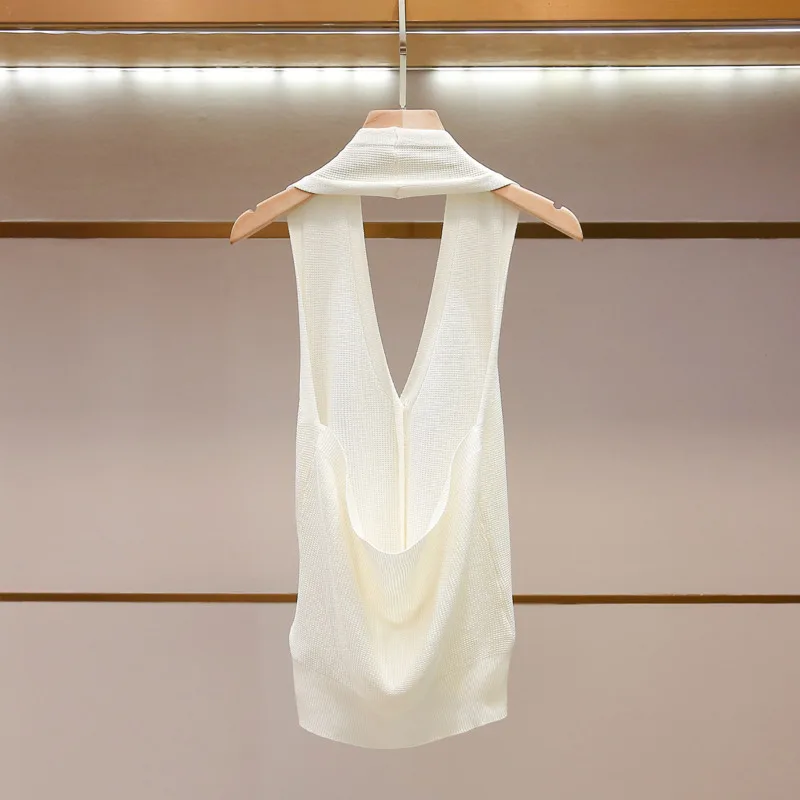 HKSH Women Vest High-End Fashion Simple Versatile V-Neck Halter Single Breasted Backless Solid Color Sleeveless Tank Top HK26489