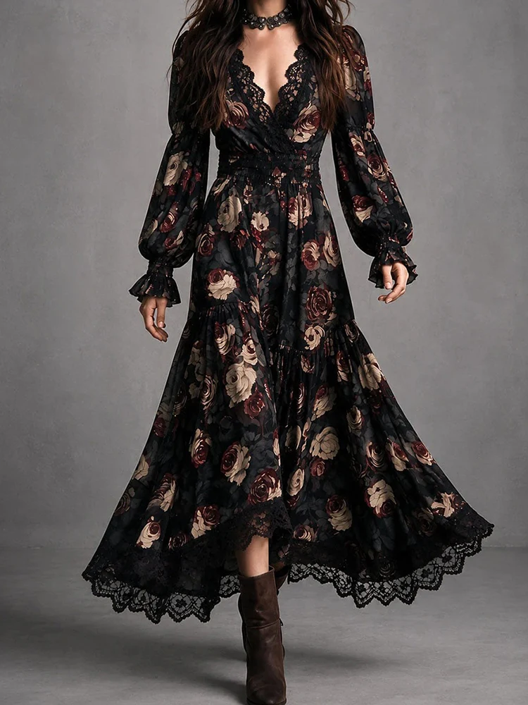 Women's Deep V Neck Lace Patchwork Maxi Dress Long Flare Sleeve Print Elegant Spring Autumn Party Holiday Chic Ladies Dress 2026