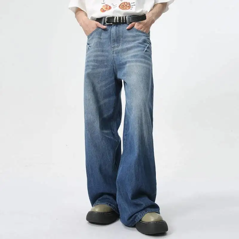 New Fashion Men's Jeans Spring Summer American Style Lightning Pattern Washed Straight Loose Wide Leg Denim Pants 9CL1W9