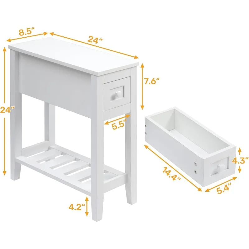 LUSUOWLZ Narrow Side Table with Drawer for Small Spaces, White, Slim Bed Side Table/Night Stand Set of 2, Couch Side Table