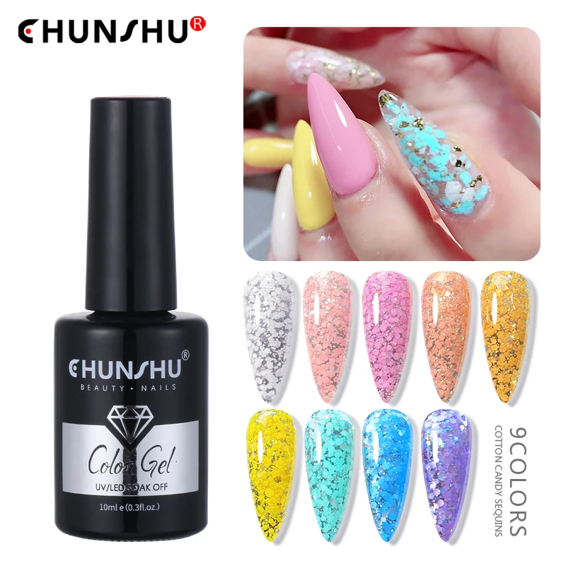 

CHUNSHU White Sequin Gel Nail Polish Snow Flake UV LED Semi Permanent Varnish Winter Bubble Glitter Gel Polish Nail Art Design