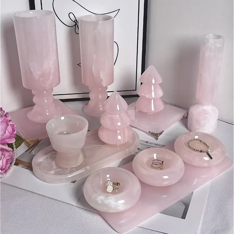 Natural jade marble light luxury high-end French vase, storage luxury stone ornament, jade tray