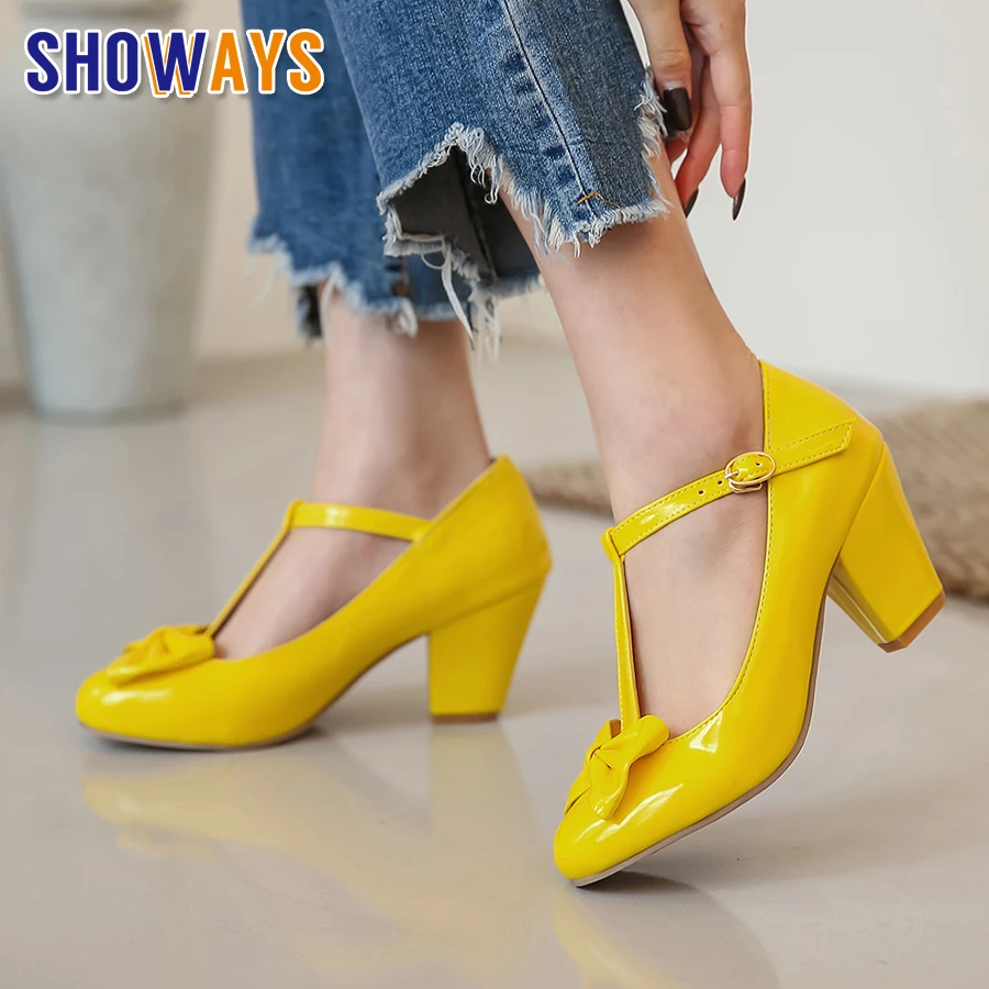 Gelbe Schleife Damen Mary Janes 7 cm hohe Blockabsätze Pumps Rosa Schwarz Lässige Bürodame Runde Zehen Süße T-Riemen-Lolita-Schuhe