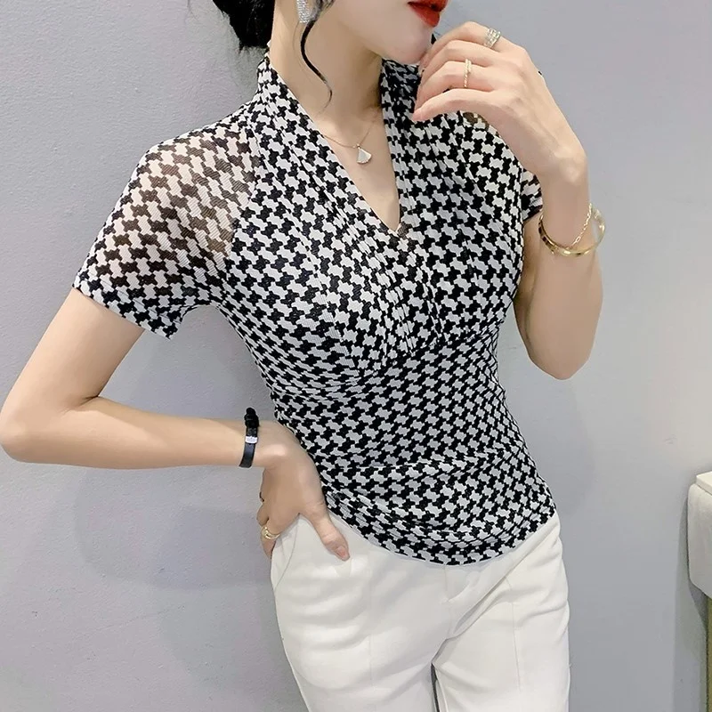 

#4227 Plaid Mesh T Shirt Women V-neck Sexy Tight Short Sleeve T Shirt Female Korean Fashion Summer Top Print Women T-shirt Slim