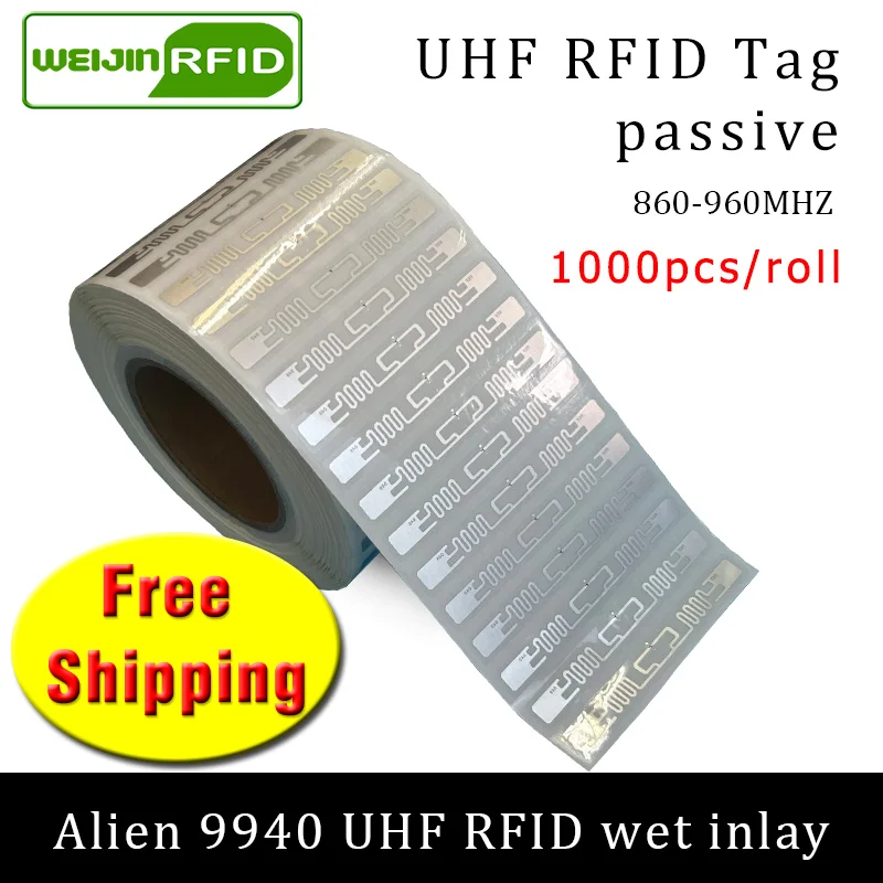 UHF RFID-метка, наклейка Alien 9940 EPC6C, мокрая инкрустация 915 МГц 868 МГц 860-960 МГц Higgs9, 1000 шт., бесплатная доставка, клейкая пассивная RFID-этикетка