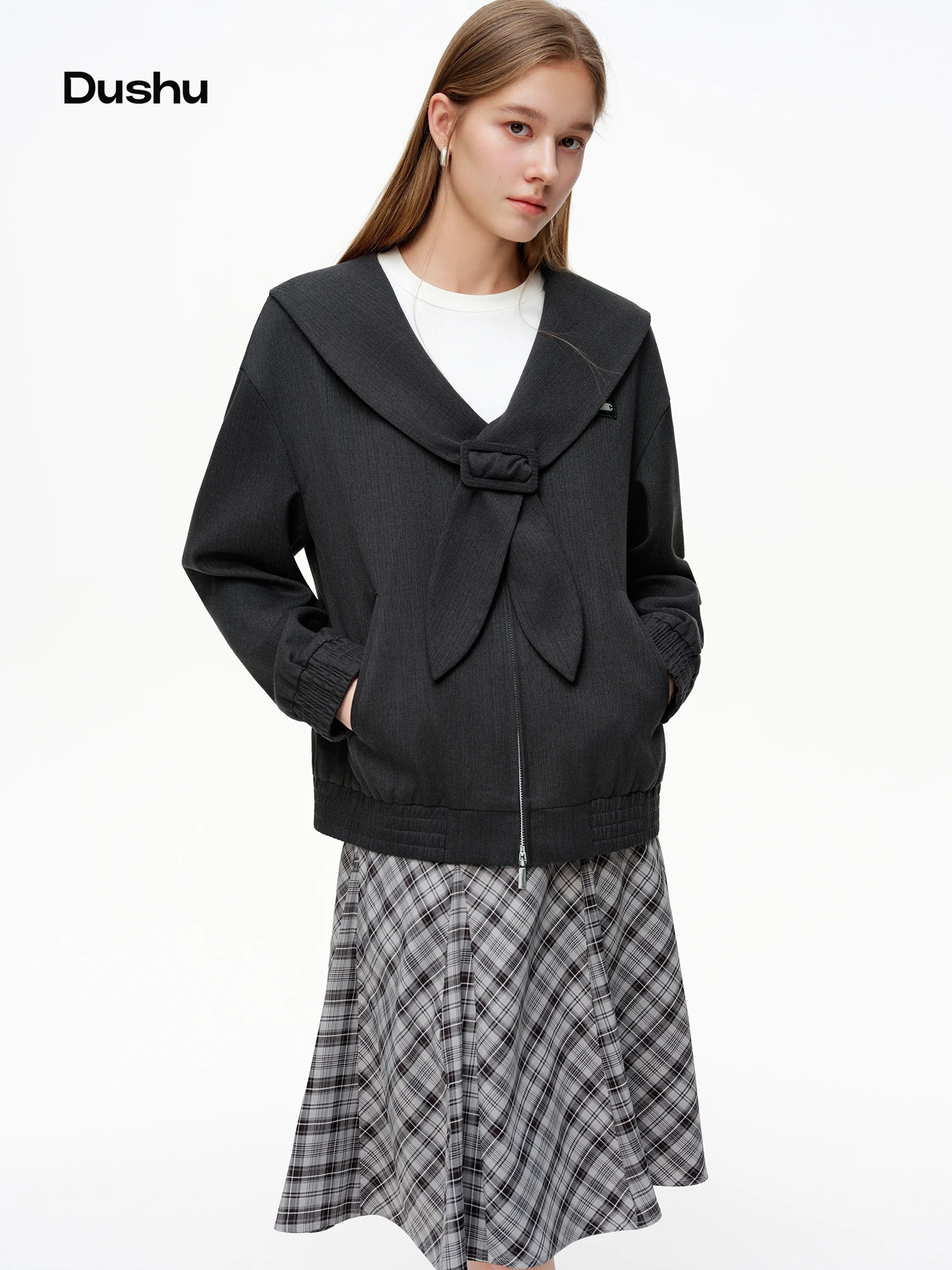 DUSHU レディース マリンカラー ドロップショルダー ジャケット 2026 春 オーバーサイズ スリム アウター ジップアップ コート 若見え 日本風