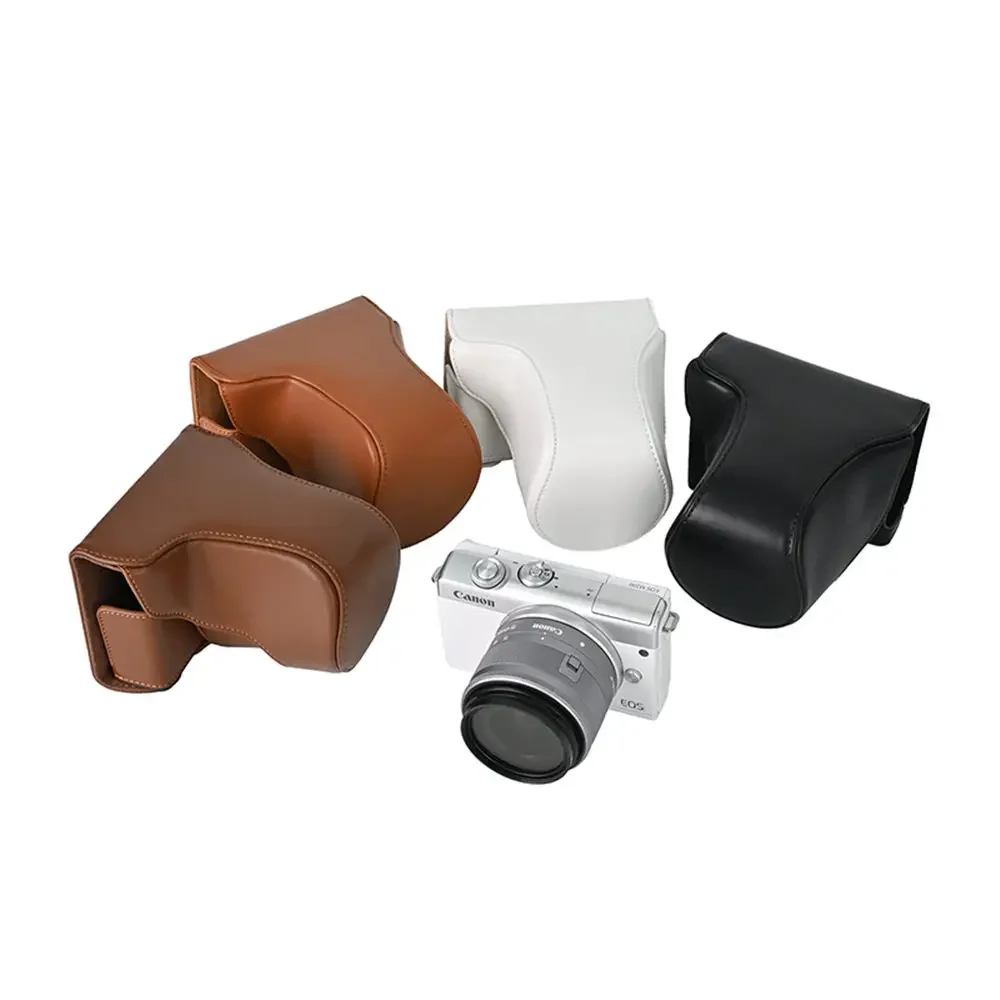 Funda de cámara para Canon EOS M200 M100 M10 15-45mm lente de cuero PU funda de bolsa de cuerpo completo con correa
