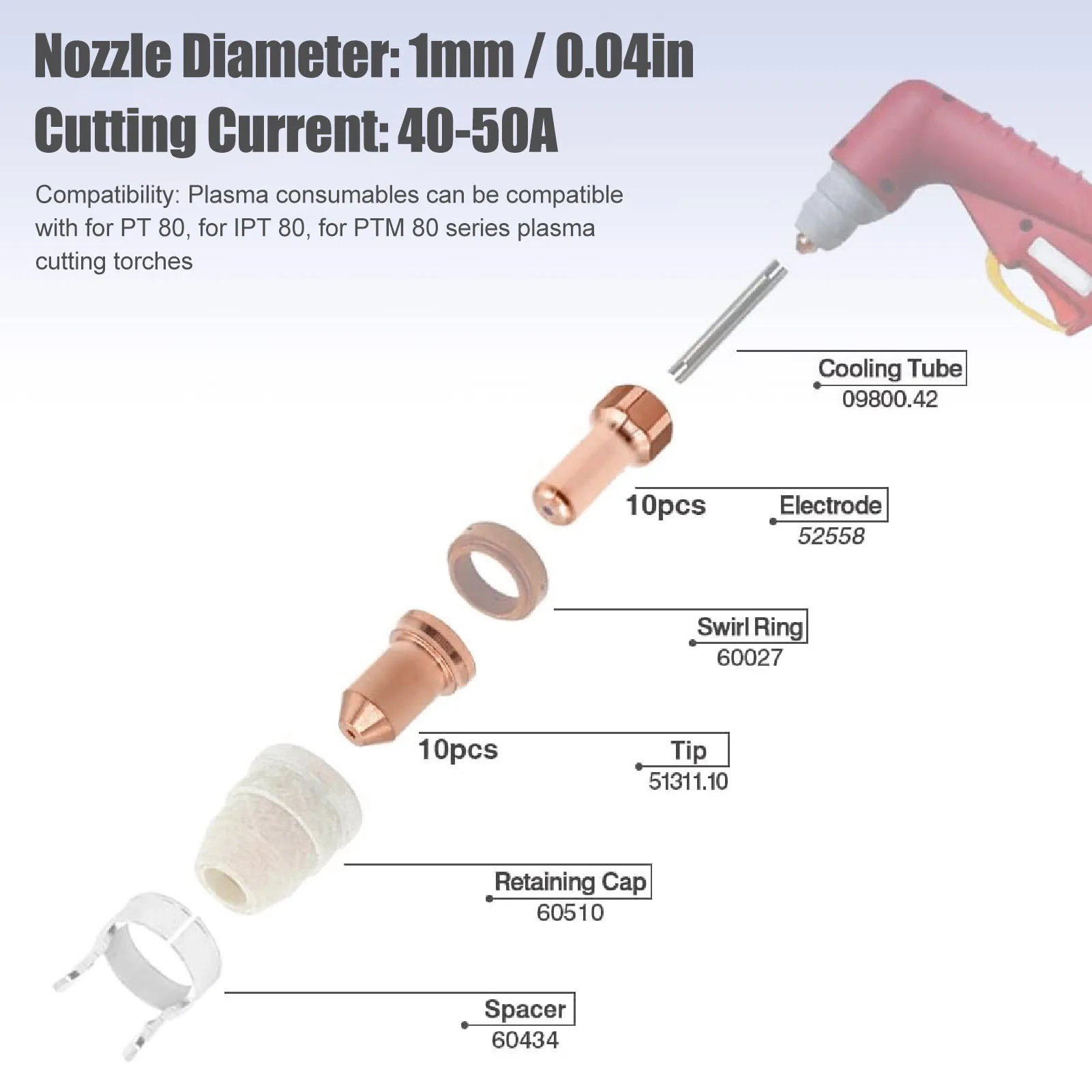 20pcs Startnow 5 Sets PT80 Plasma Consumables For PT 80 PTM80 Plasma Cutting Nozzle Electrode Torch Caliber 1.0/1.1/1.2/1.3mm