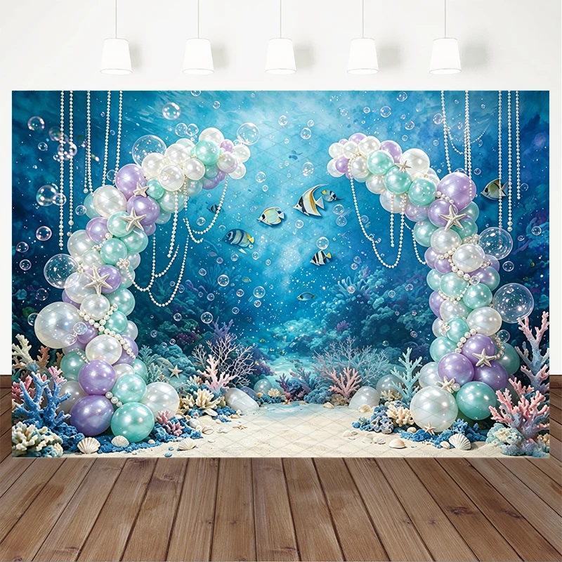 Mocsicka Photography Backdrop Underwater World Mermaid Balloon Coral Pearl Seabed Fish Kid Birthday Baby Shower Photo Background