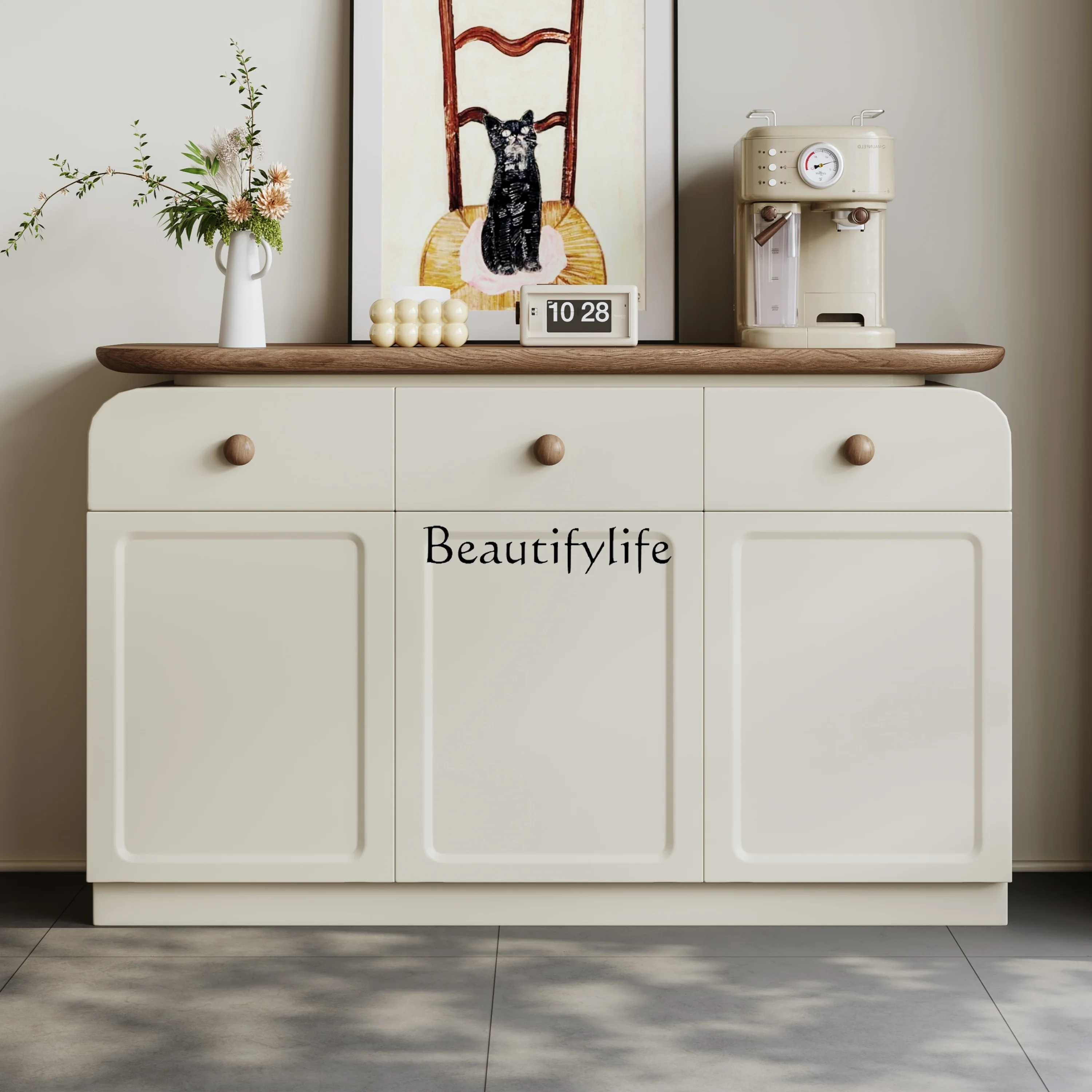 

The dining side cabinet is integrated with the wall. Medieval solid wood storage coffee cabinet is modern and simple.