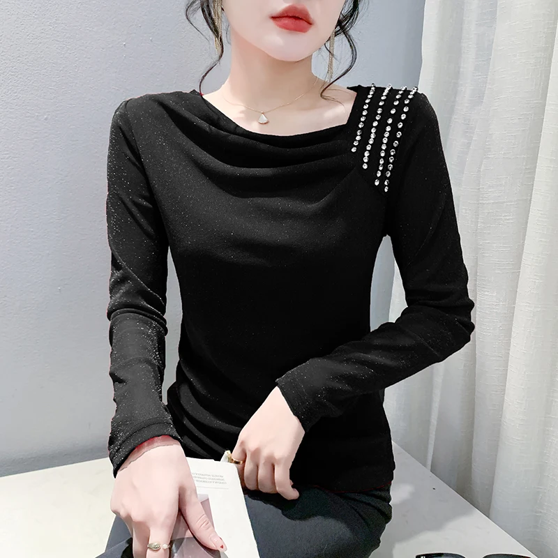 Black Korean Style Fall Winter Mesh T-Shirt Chic Sexy Draped Shiny Diamonds Women Tops Long Sleeve Elastic Tees 2024 New 491702