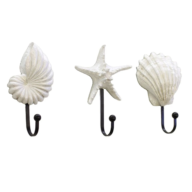 3Pcs Resin Clothes Hook Mediterranean Style Hooks Resin Scallop Conch Clothes Hooks Sea Star Decor Wall Mounted Hanger