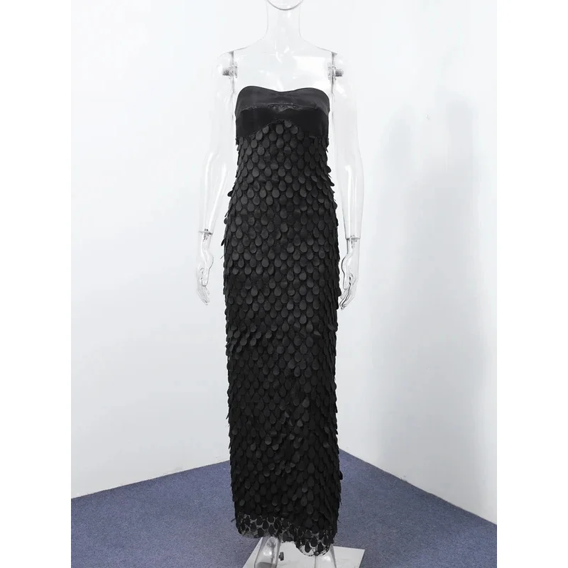 JINIA Urban Sequined Long Dress Women Sexy Solid Tube Sleeveless Party Female Dresses 2025 Summer Lady Patchwork Vacation Robes