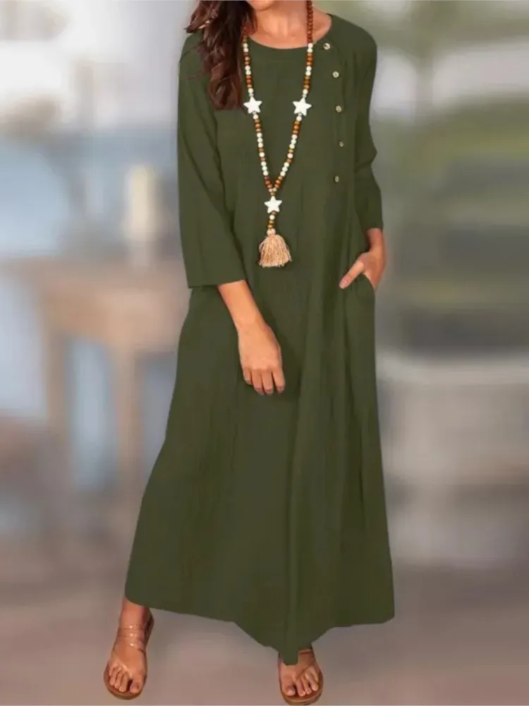 Vestido de moda de otoño elegante de lino y algodón para mujer vestido largo de Color sólido temperamento cómodo vestido de manga larga con cuello redondo
