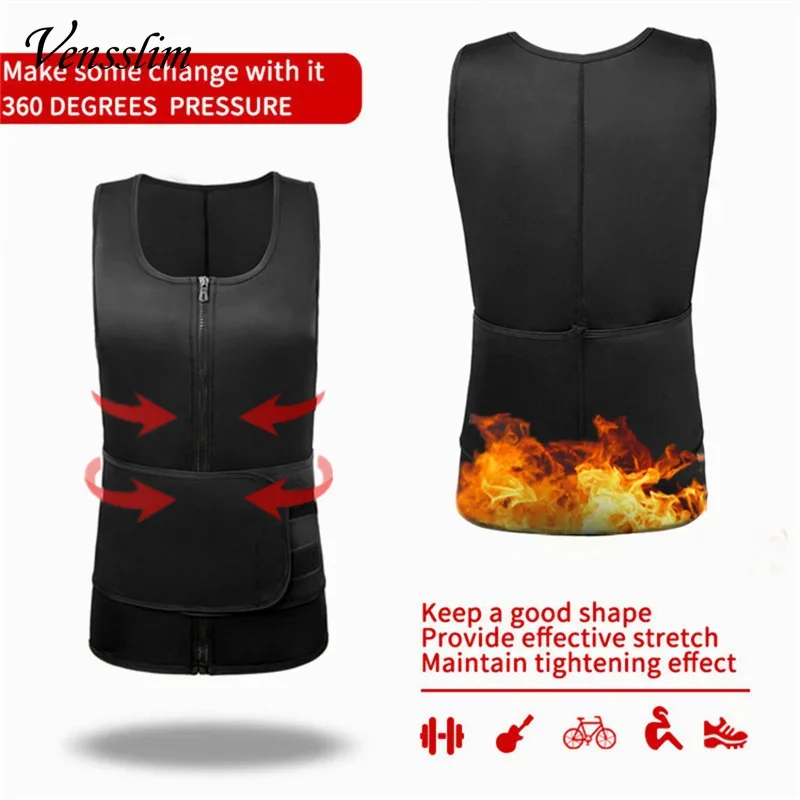 Vensslim Waist Trainer for Men Hot Neoprene Sauna Suits Zipper Sweat Vest with Adjustable Belt Gym Workout Body Shaper Tank Tops