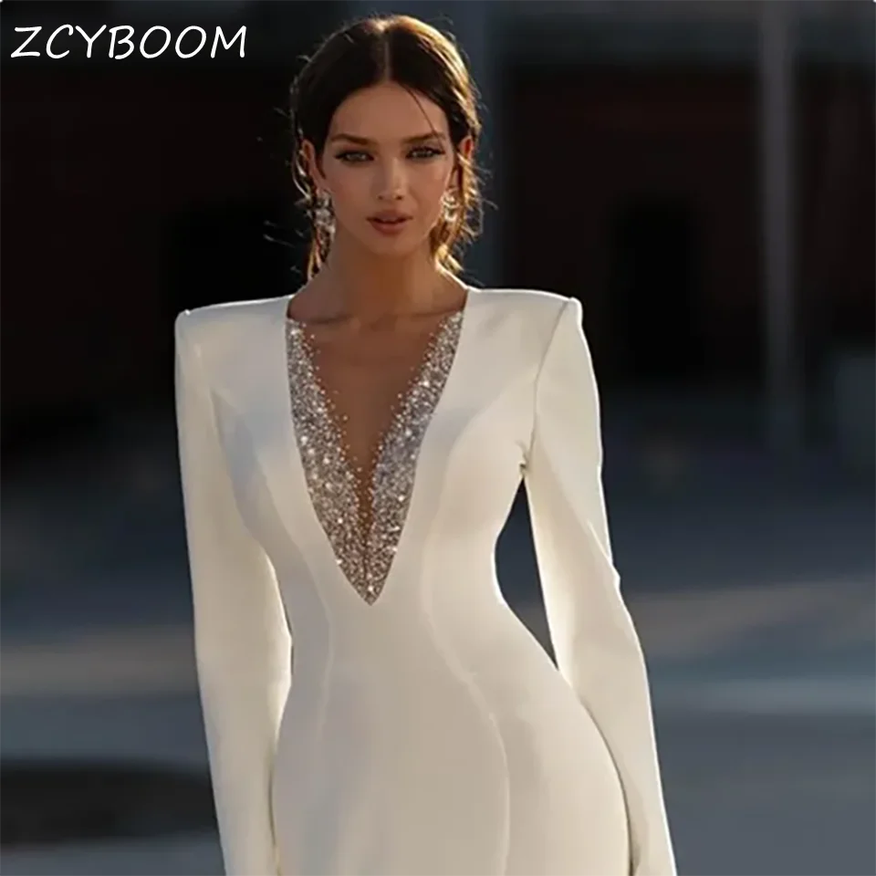 Vestidos de novia de satén de sirena con cuello en V, elegantes, blancos, brillantes, personalizados, 2025, manga larga, tren de barrido, vestido de novia con cremallera de tul