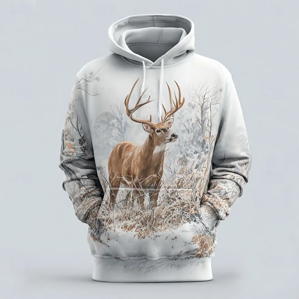 2025 Fall Winter Men's Camo Deer  3D Prints Hooded Hoodies Sweatshirt Long Sleeve Crew Neck Streetwear Drawstring Tops
