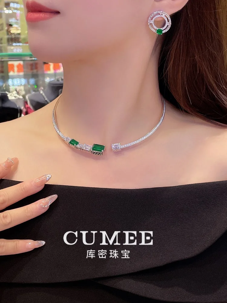 Cumee 925 Silver Cultivation Emerald Collar Necklace Open Round Chain Jewelry Statement Choker Necklace for Women Summer Beach