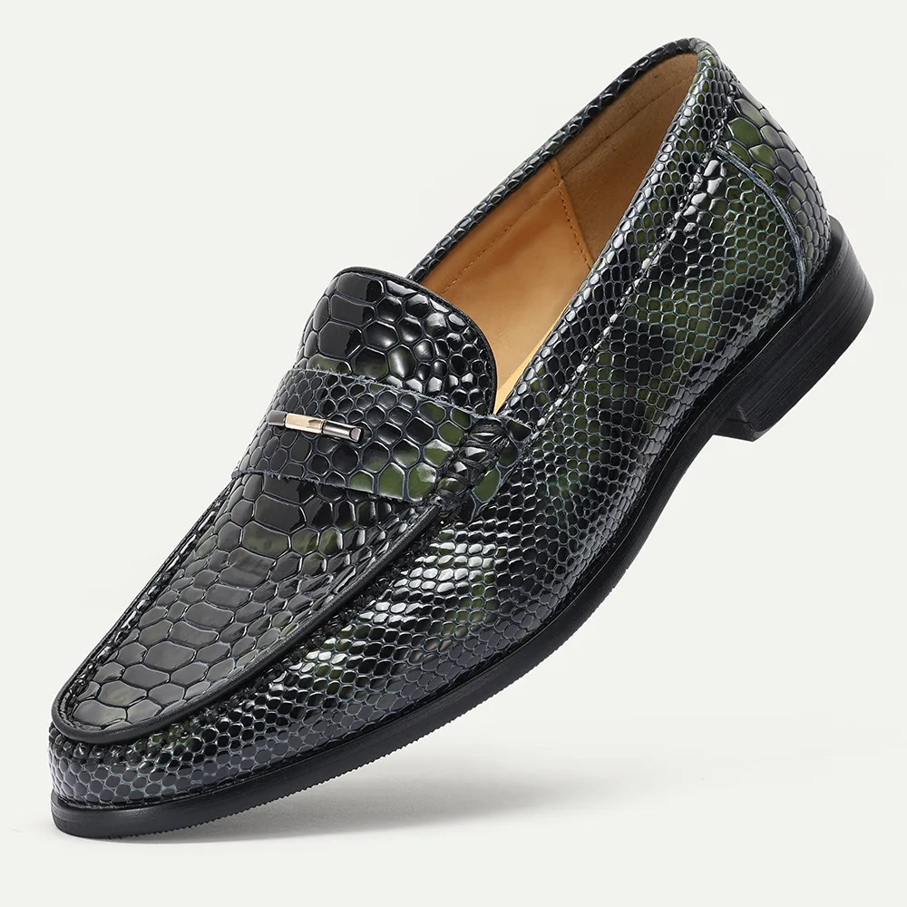 

Luxury Men Loafers Shoes Slip On Snake Prints Casual Mens Dress Shoes Wedding Office Banquet Genuine Leather Shoes Man